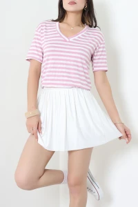 V Yaka Oversize Çizgili Viskon Tişört Pembe - 55315.1878.