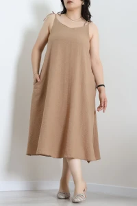 Omuz Bağlama Detaylı Büyük Beden Elbise Camel - 71995.2071.
