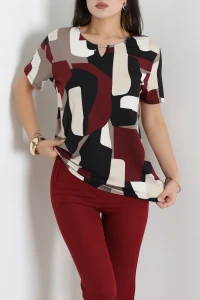 Aksesuarlı Desenli Viskon Bluz Bordo - 74006.2227.