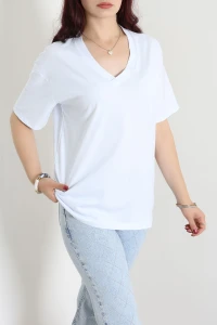 V Yaka Oversize Lüx Penye Tişört Kırıkbeyaz - 90900.1878.