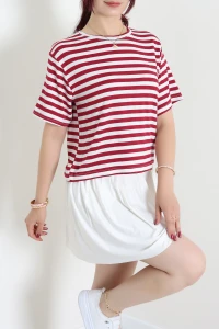 Bisiklet Yaka Oversize Çizgili Viskon Tişört Bordo - 55314.1878.