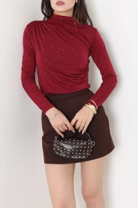 Dik Yaka Drapeli Simli Sandy Bluz Bordo - 71982.2023.