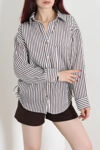 Yanları Büzgü Bağlamalı Çizgili Poplin Gömlek Kahve - 75213.424.