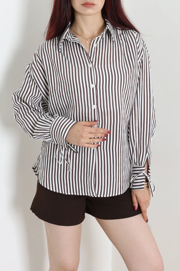 Bağlamalı Çizgili Poplin Gömlek Kahve - 75214.424.