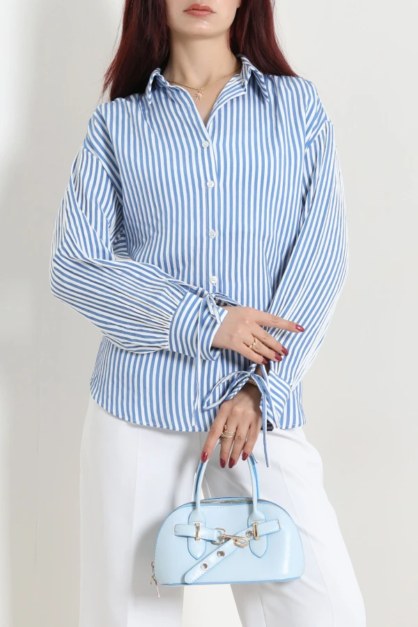 Bağlamalı Çizgili Poplin Gömlek Mavi - 75214.424.