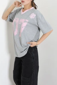 V Yaka Likralı Süprem Baskılı Oversize Tişört Gripembe - 55293.1567.