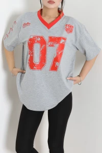 V Yaka Likralı Süprem Baskılı Oversize Tişört Grikırmızı - 55293.1567.