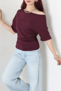 Viskon Yanları Büzgülü Bluz Mürdüm - 72590.1872.