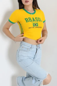 Slim Fit Baskılı Forma Tişört Sarı - 55318.1878.