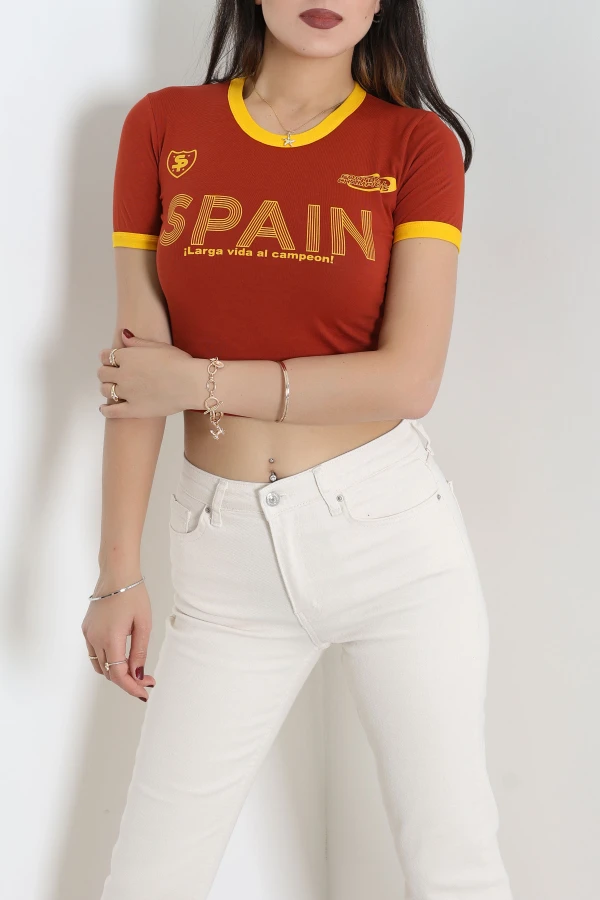 Slim Fit Baskılı Forma Tişört Kiremit - 55318.1878.