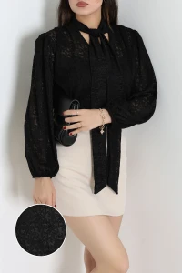 Fularlı Dantel Bluz Siyah - 75336.1228.