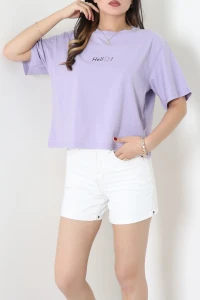 Bisiklet Yaka Oversize Baskılı Penye Tişört Lila - 55209.1878.