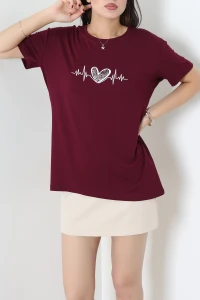 Kalp Baskılı Likralı Viskon Bluz Bordo - 72035.2231.