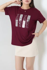 Baskılı Likralı Viskon Bluz Bordo - 72036.2231.