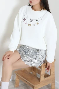 Quzu Kolye Baskılı Sweatshirt Beyaz - 75367.2002.