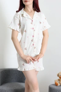 Bürümcük Fırfırlı Şortlu Pijama Takımı Krem - 149.1287.