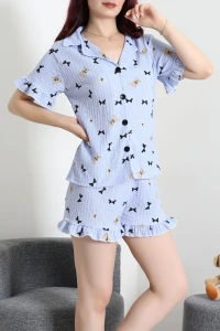 Bürümcük Fırfırlı Şortlu Pijama Takımı Açıkmavi - 149.1287.