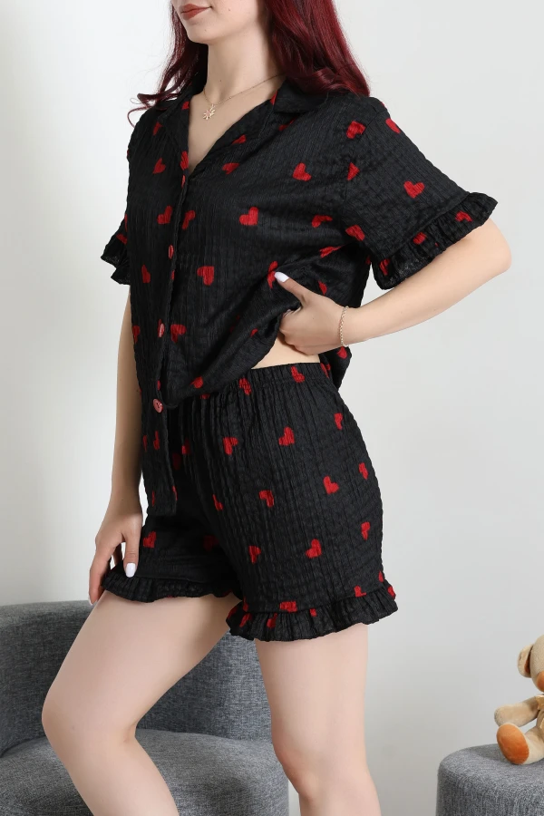Bürümcük Fırfırlı Şortlu Pijama Takımı Siyahkalpli - 149.1287.