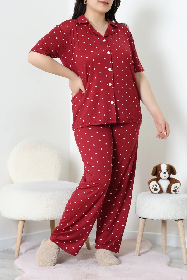 Milan Büyük Beden Düğmeli Pijama Takımı Bordo - 53655.1857.