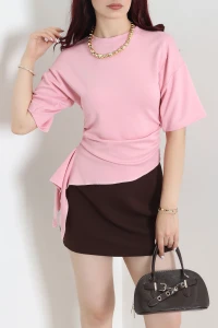 Bel Bağlama Detaylı Yarasa Kol Modal Bluz Pembe - 71974.2023.