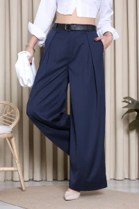 Kemerli Pileli Geniş Paça Pantolon Lacivert - 75378.2203.