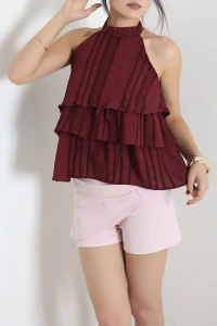 Halter Yaka Katlı Bluz Bordo - 4277.1247.
