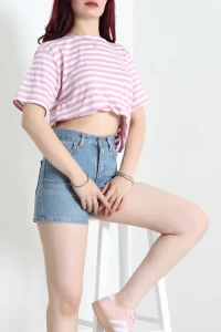 Bisiklet Yaka Oversize Çizgili Viskon Tişört Pembe - 55314.1878.