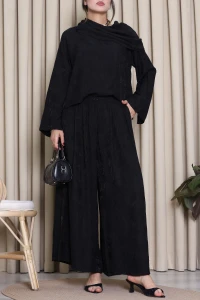 Dokuma Madonna Yaka Bluzgeniş Paça Pantolon Takım Siyah - 75370.2203.