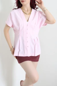 Poplin V Yaka Gömlek Pembe - 75412.2232.