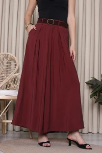 Pileli Bol Paça Tensel Kumaş Pantolon  Bordo - 52496.1254.