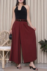 Pileli Bol Paça Tensel Kumaş Pantolon  Bordo - 52496.1254.