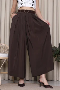 Pileli Bol Paça Tensel Kumaş Pantolon  Kahve - 52496.1254.