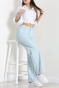 Zımba Detay Çizgili Kot Pantolon Açıkmavi - 55349.1968.
