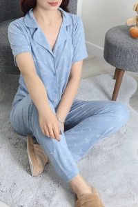 Viskon Düğmeli Pijama Takımı Mavi - 53893.2145.