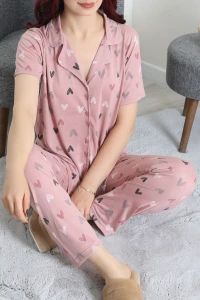 Viskon Düğmeli Pijama Takımı Pembe - 53893.2145.