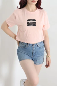 Baskılı Crop Tişört Somon - 53900.2239.