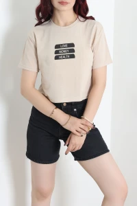 Baskılı Crop Tişört Bej - 53900.2239.