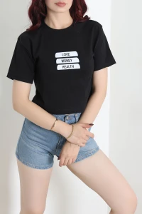 Baskılı Crop Tişört Siyah - 53900.2239.