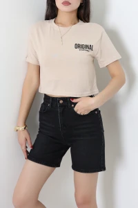 Baskılı Crop Tişört Bej - 53902.2239.