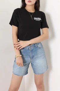 Baskılı Crop Tişört Siyah - 53902.2239.