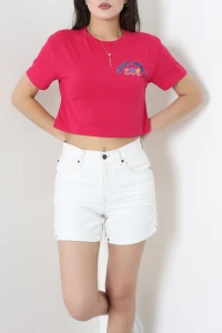 Baskılı Crop Tişört Fuşya - 53903.2239.