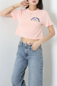 Baskılı Crop Tişört Somon - 53903.2239.