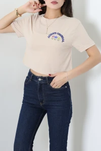 Baskılı Crop Tişört Bej - 53903.2239.