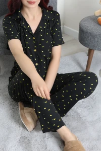 Milan Kumaş Düğmeli Pijama Takımı Siyahsarı - 750.1287.