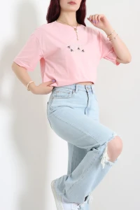 Suprem Nakışlı Oversize Tişört Pudra - 31882.1878.