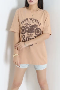 Bisiklet Yaka Baskılı Tişört Bej - 53911.2239.