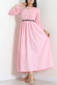 Uzun Kol Kemerli Sandy Elbise Pembe - 71992.2023.