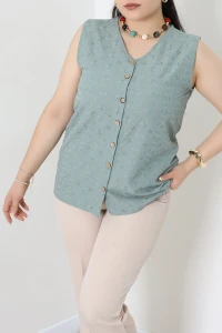 V Yaka Düğmeli Dokuma Bluz Mint - 74001.2227.
