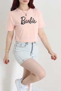 Baskılı Crop Tişört Somon - 53901.2239.