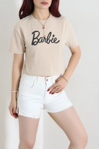 Baskılı Crop Tişört Bej - 53901.2239.